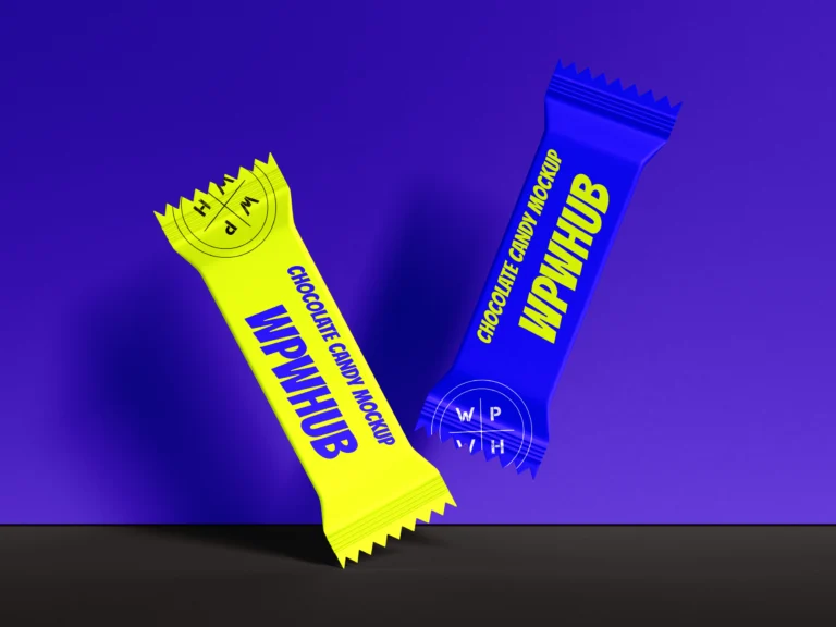 Yellow and blue floating chocolate candy sachet mockup