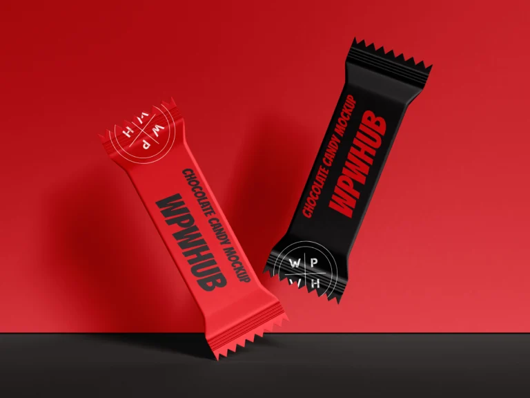 Red and black floating chocolate candy sachet mockup