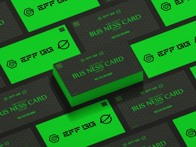 Green and black business cards arranged in a grid with a raised card stack in the center
