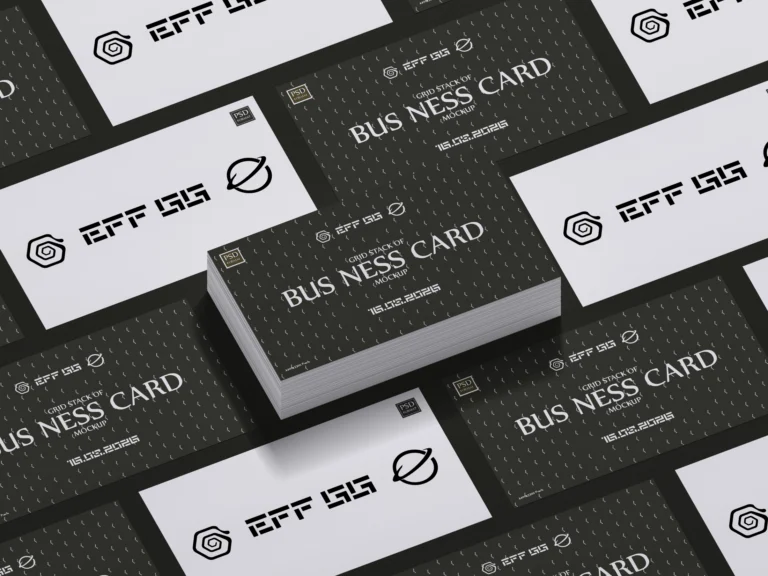 Black and white business cards arranged in a grid with a raised card stack in the center