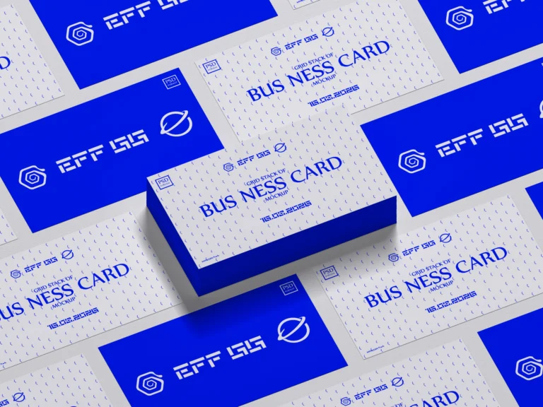 Blue and white business cards arranged in a grid with a raised card stack in the center