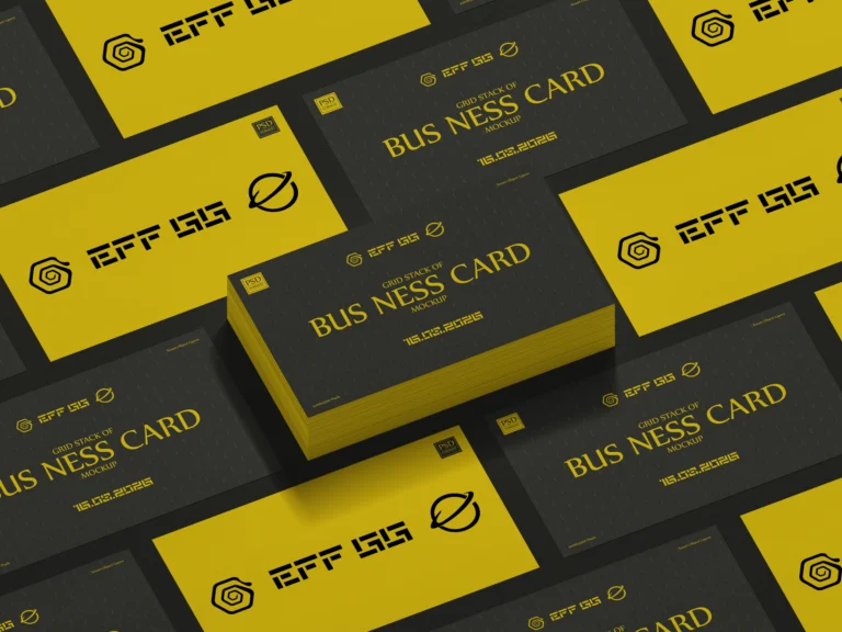 Yellow and black business cards arranged in a grid with a raised card stack in the center