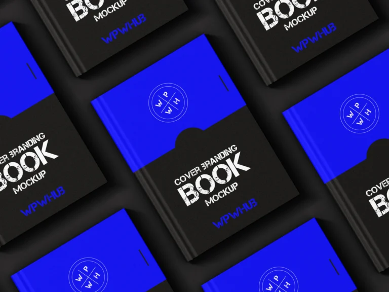 Blue and black hardcover book branding mockup arranged in a top-view pattern