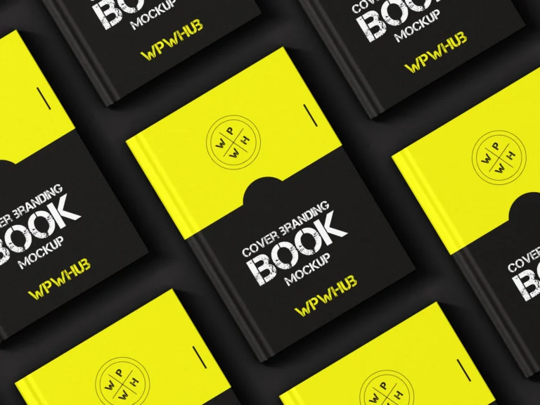 Yellow and black hardcover book cover mockup with multiple books