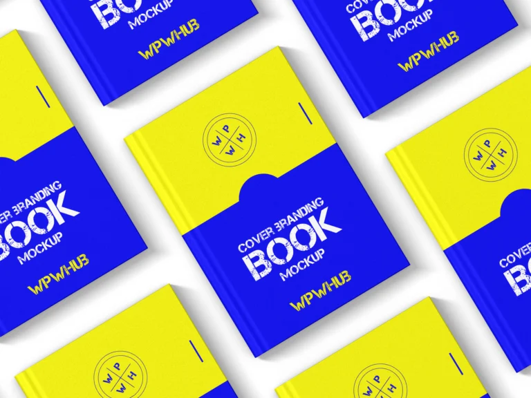 Blue and yellow hardcover book branding mockup on a white background
