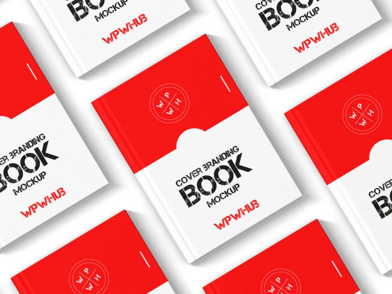Red and white hardcover book cover branding mockup in a top-view arrangement