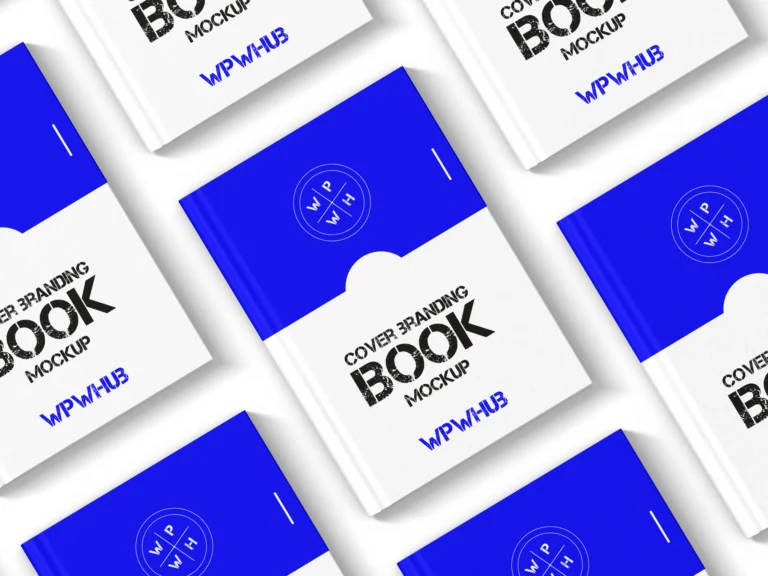 Blue and white hardcover book cover mockup with multiple books