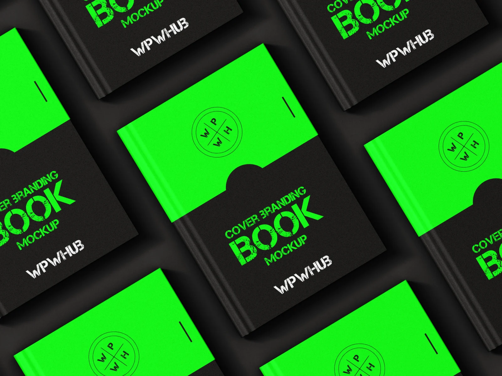 Green and black hardcover book branding mockup viewed from above
