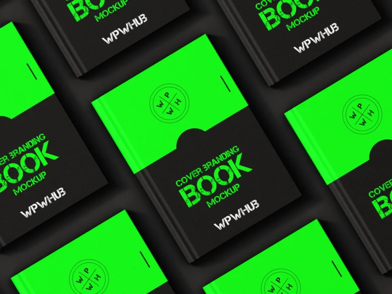 Green and black hardcover book branding mockup viewed from above
