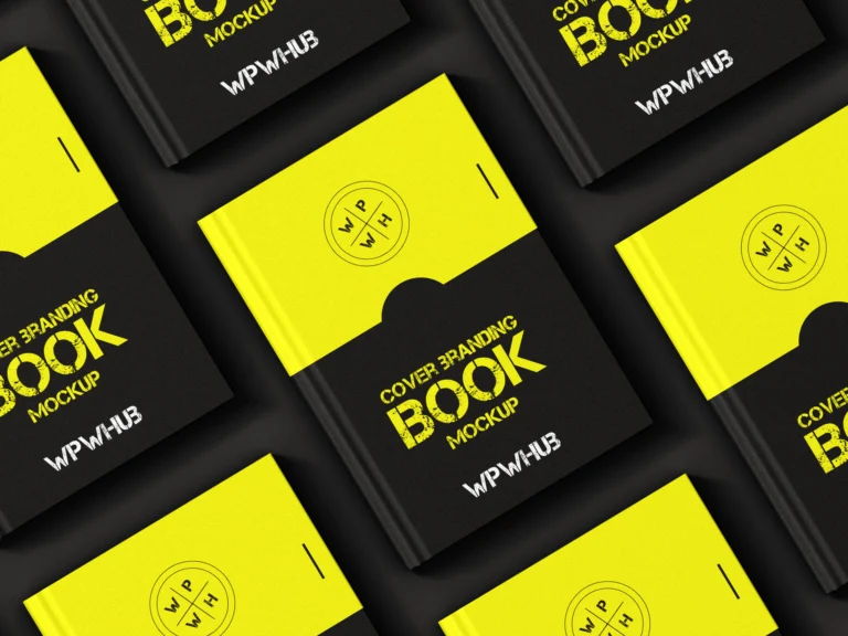 Yellow and black hardcover book cover mockup in a top-view pattern