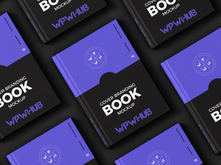 Top-view hardcover book cover branding mockup in purple and black