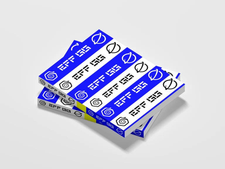 Stack of softcover books with blue and white striped cover designs on a light gray background
