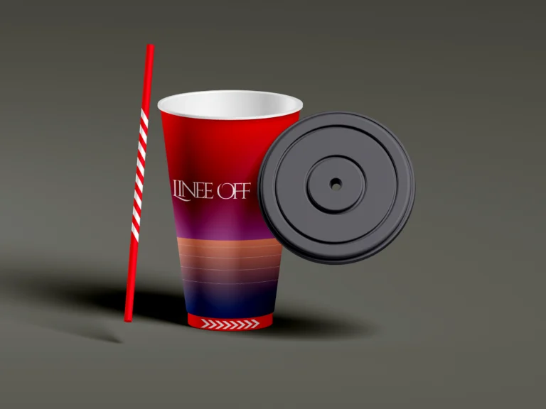 Red branded soda cup with a separate black plastic lid and striped straw on a gray background