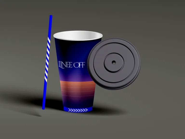 Blue branded soda cup with a separate black plastic lid and striped straw on a gray background