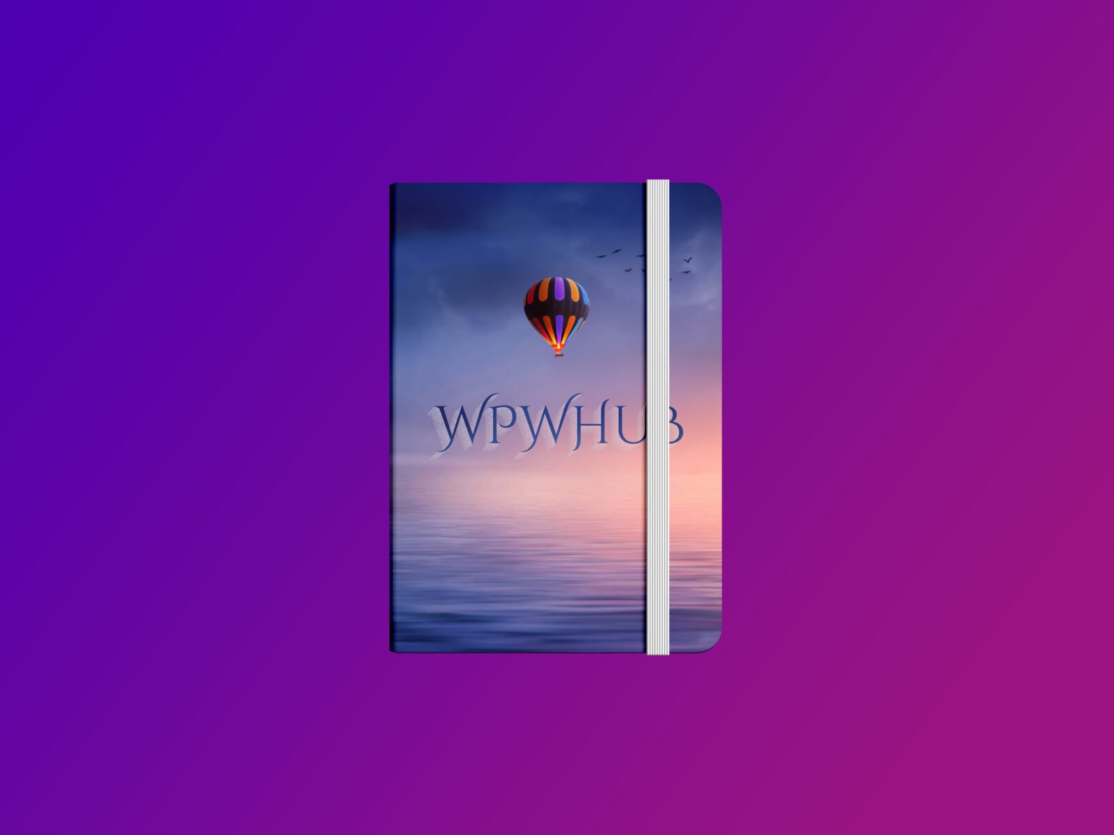 Top-view notepad mockup with an elastic band and custom cover design on a purple background