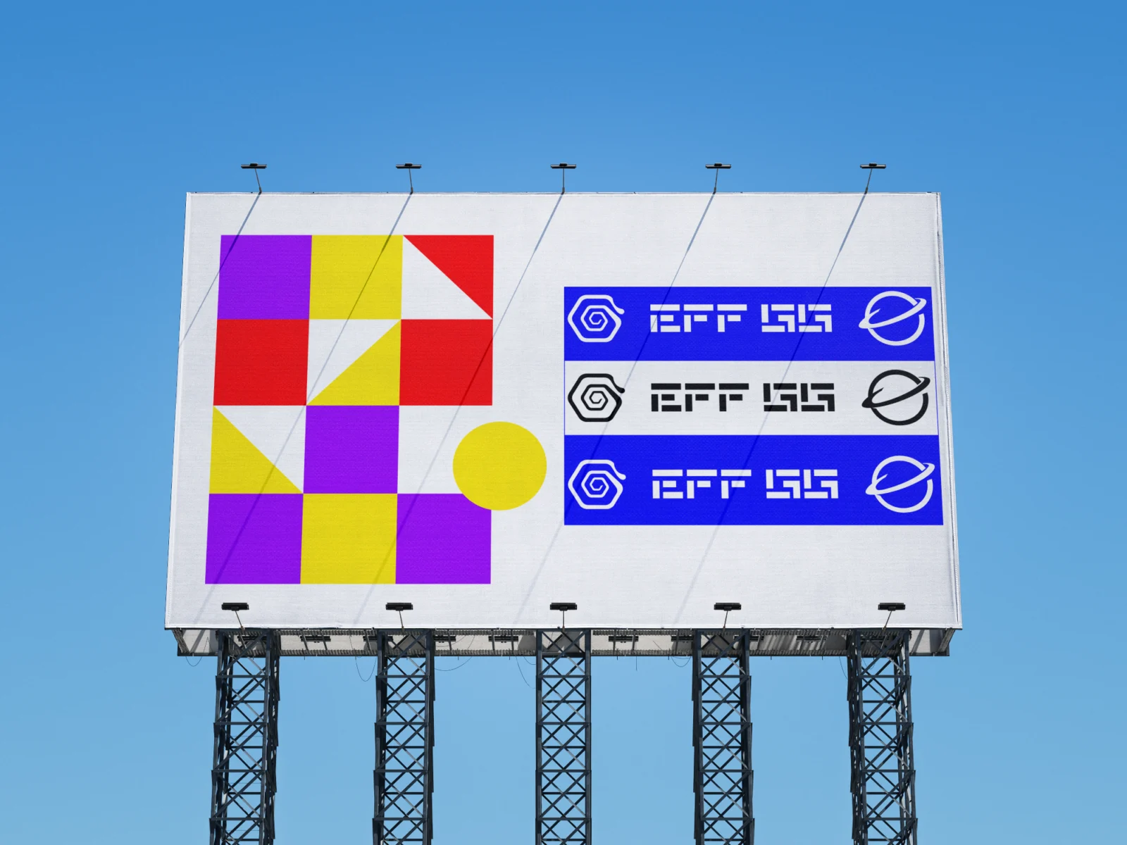 Front view of a large outdoor billboard mockup under a blue sky