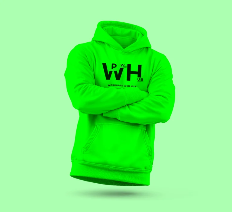 Bright green hoodie with a black chest logo displayed from the front with crossed arms