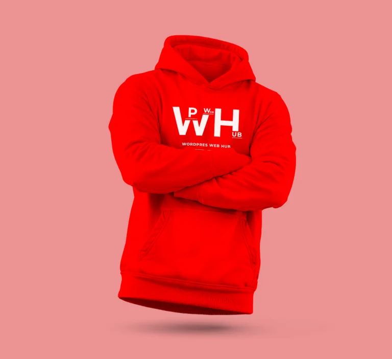 Red hoodie with a white chest logo displayed from the front with crossed arms