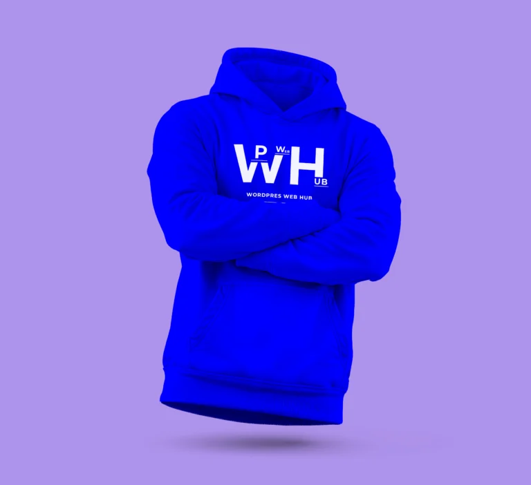 Blue hoodie with a white chest logo displayed from the front with crossed arms