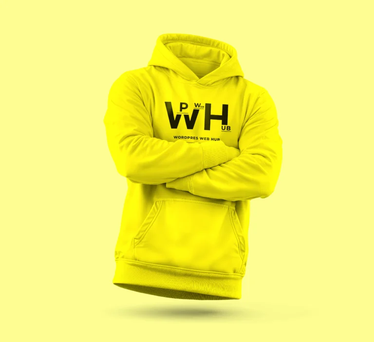 Yellow hoodie with a black chest logo displayed from the front with crossed arms