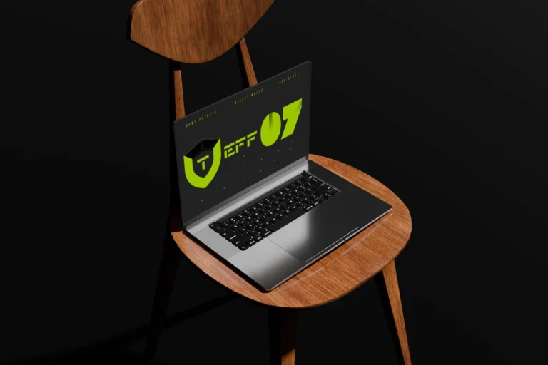 Laptop screen mockup displayed on a wooden chair in a dark setting