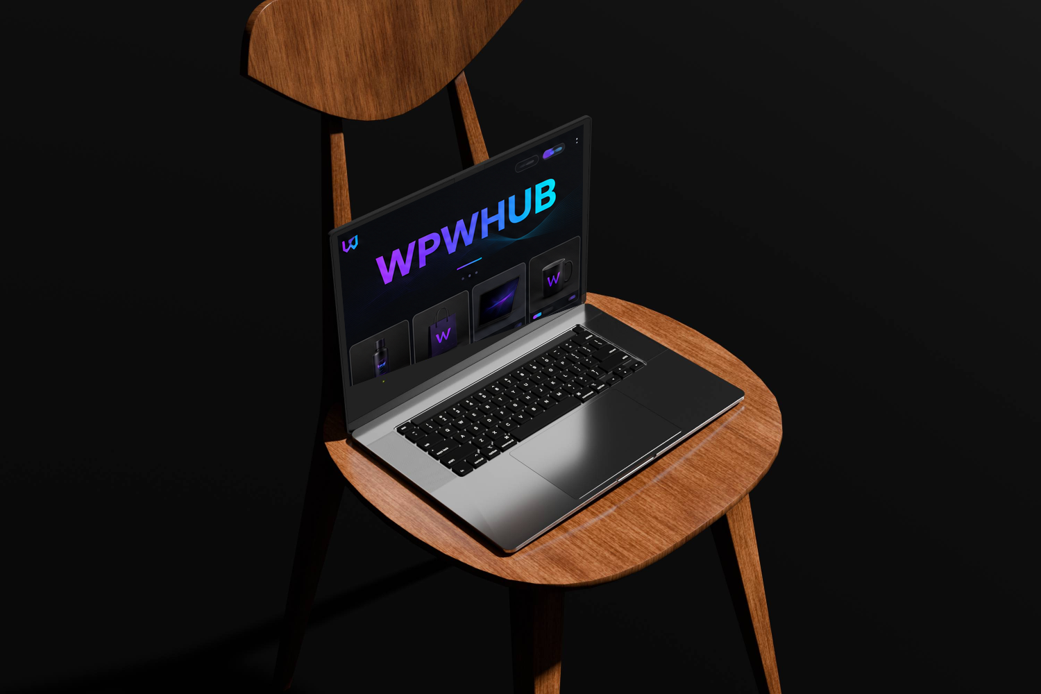 Laptop on a wooden chair displaying an editorial website interface