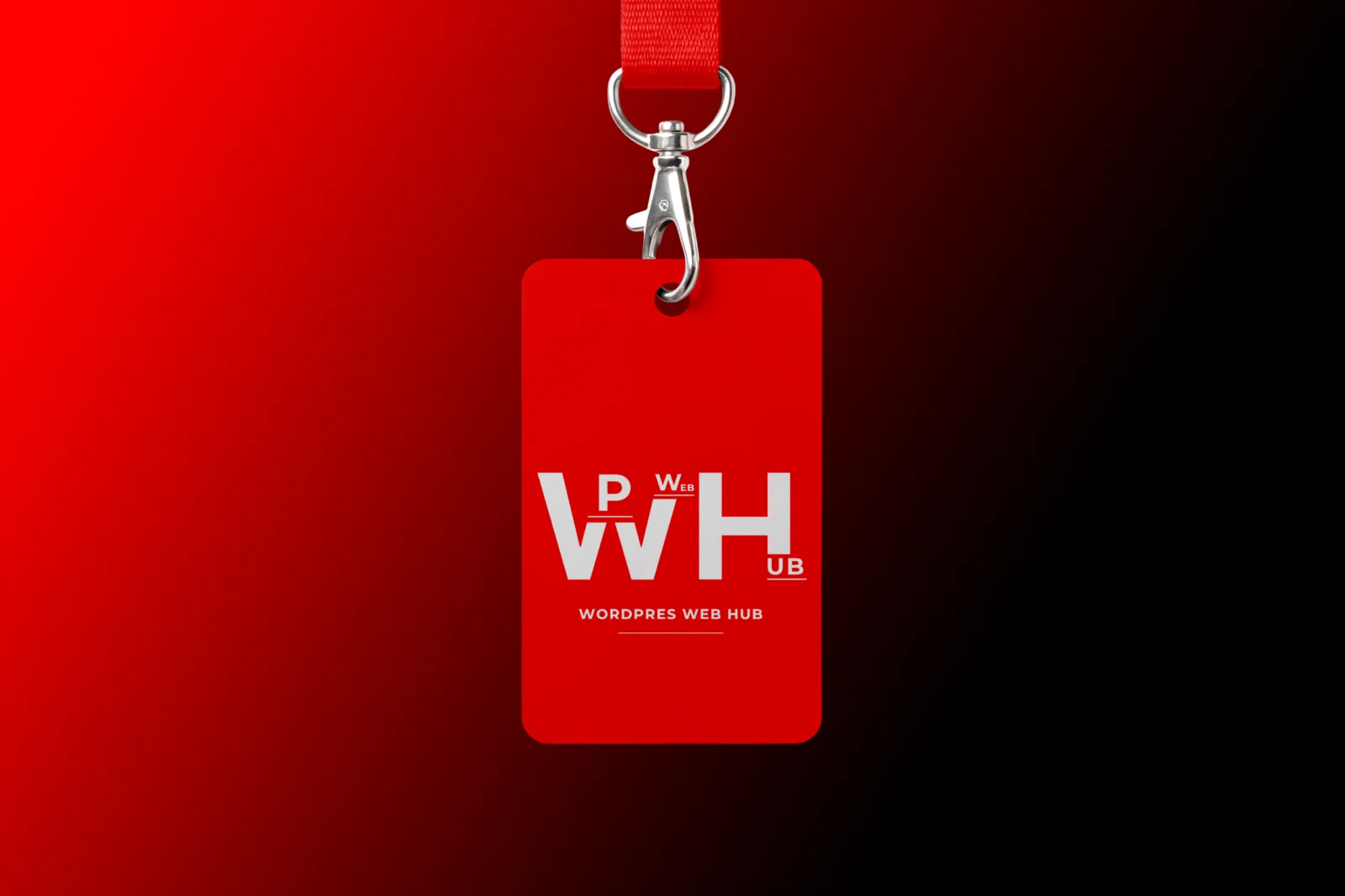 Red hanging ID badge with a matching lanyard and silver metal clip on a red and black background