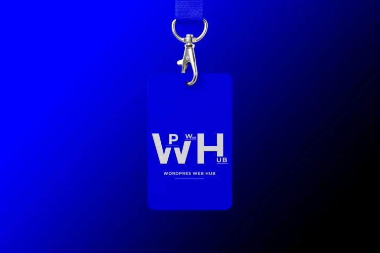 Blue hanging ID badge with a matching lanyard and silver metal clip on a blue and black background