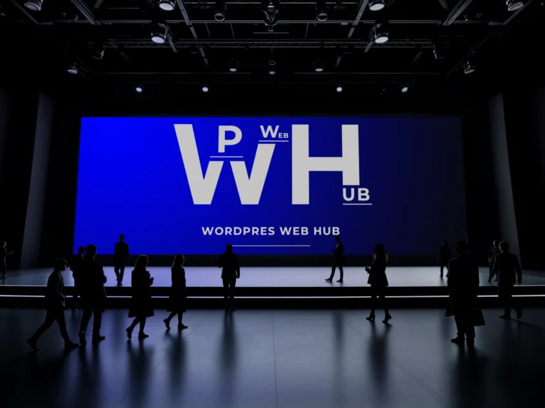 Blue event stage LED screen mockup with a white logo and audience silhouettes