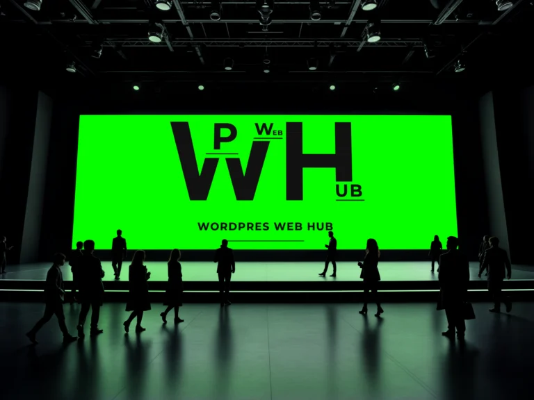 Green exhibition stage screen mockup displaying a black brand logo