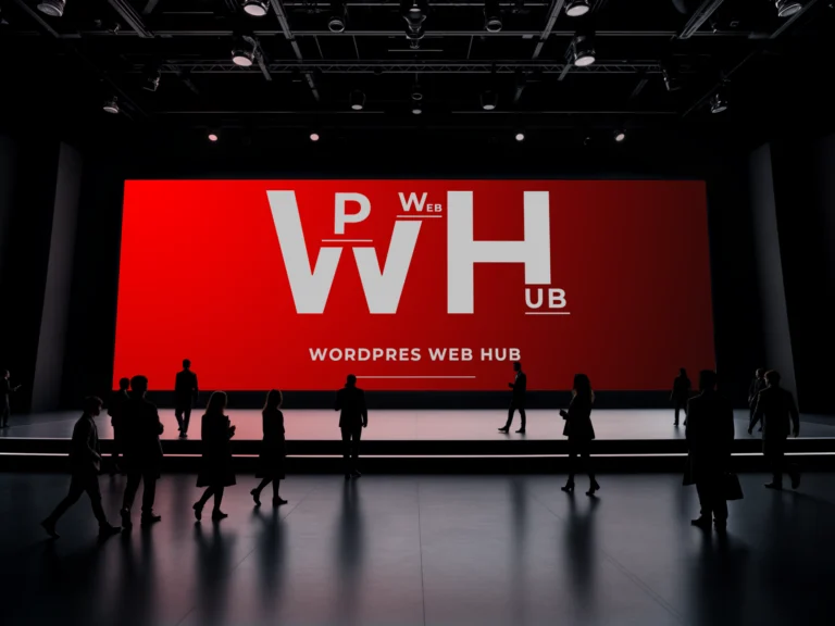 Red event venue LED screen mockup with a white logo and audience