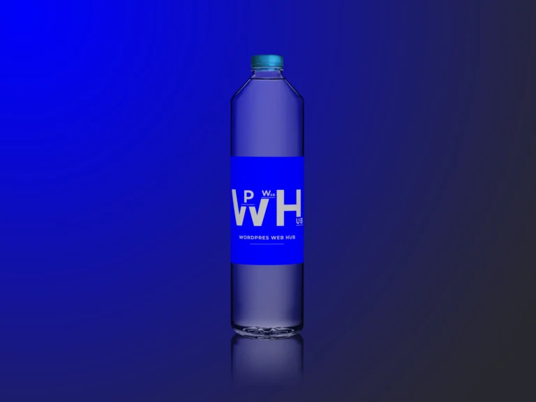 Transparent plastic water bottle with a blue branded label on a dark blue background