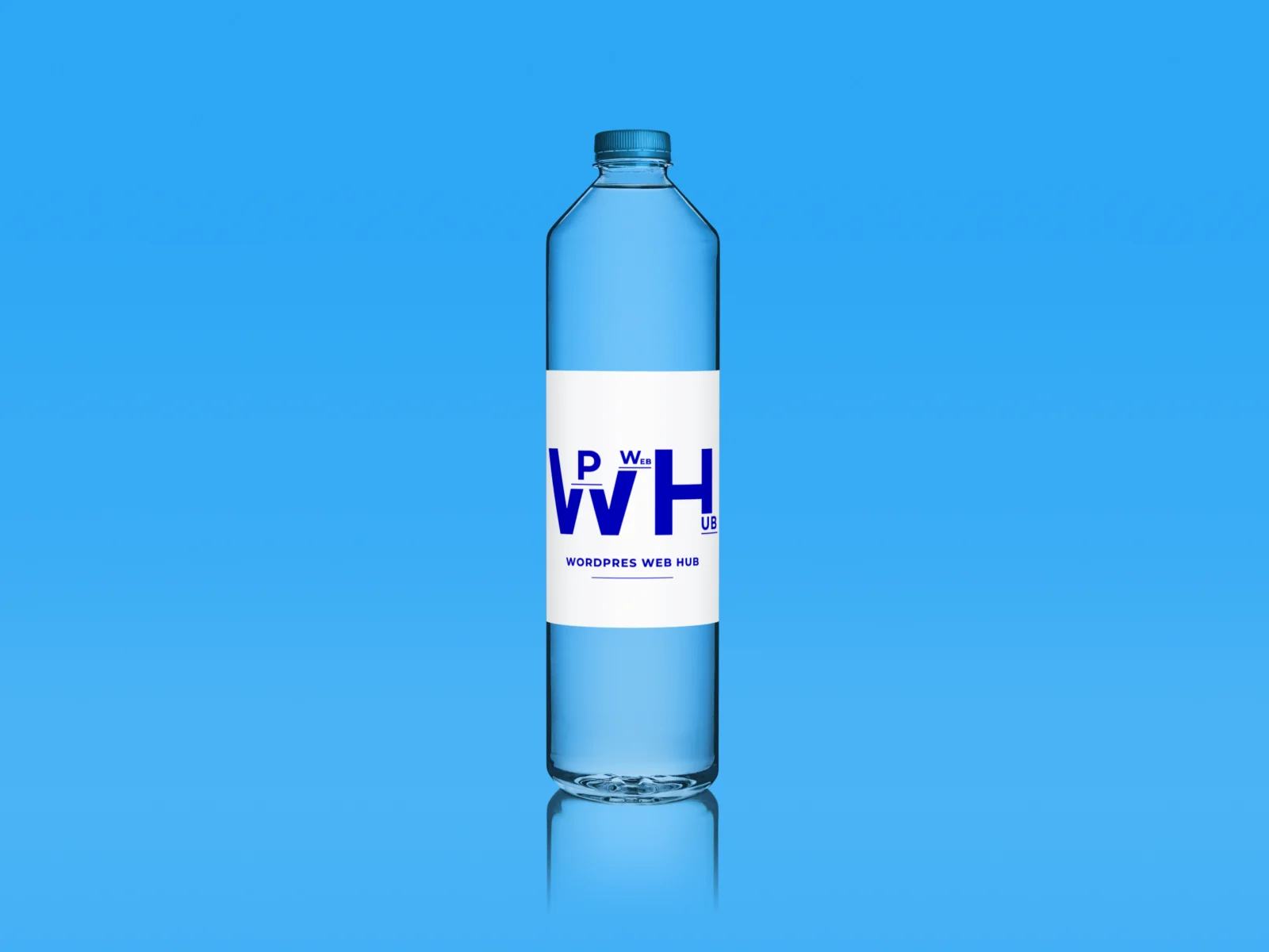 Transparent plastic water bottle with a white branded label on a light blue background