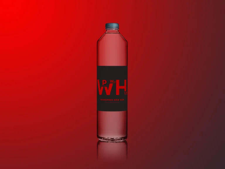 Transparent red plastic water bottle with a black branded label on a red background