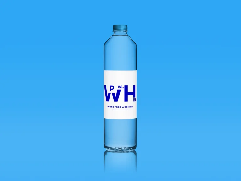 Transparent plastic water bottle with a white branded label on a light blue background