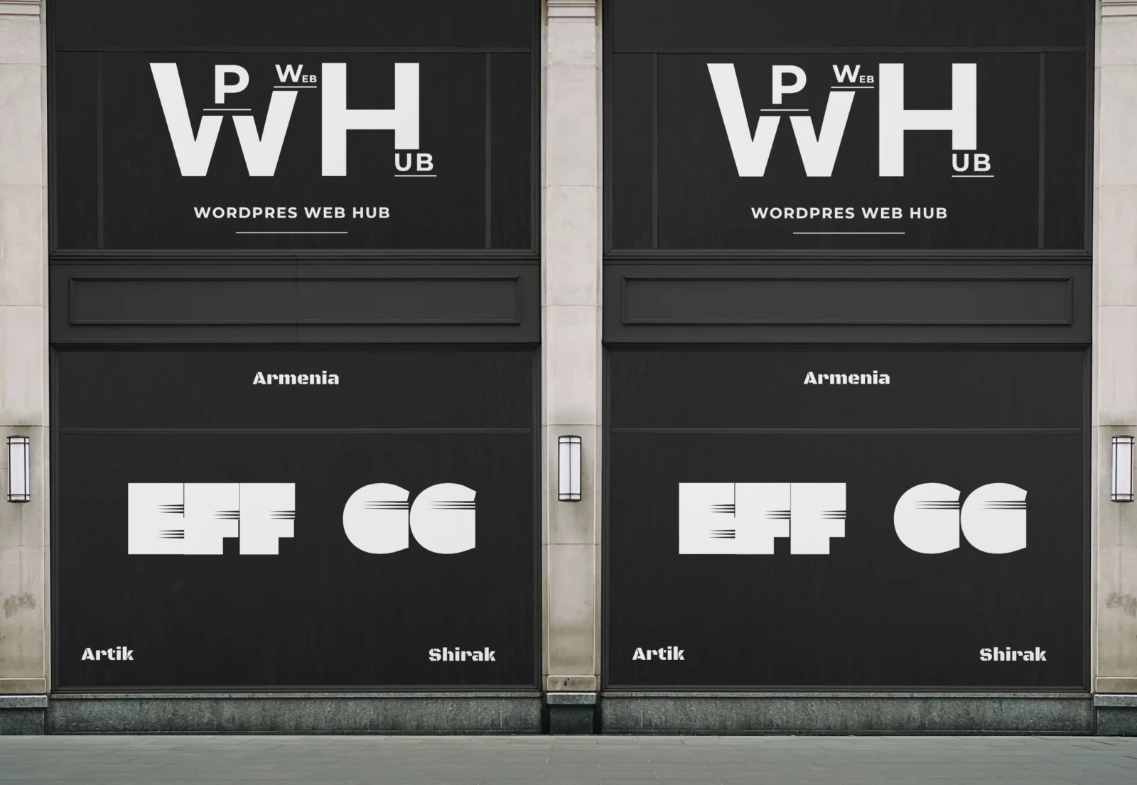 Storefront window banner mockup displaying black-and-white branding across two large windows