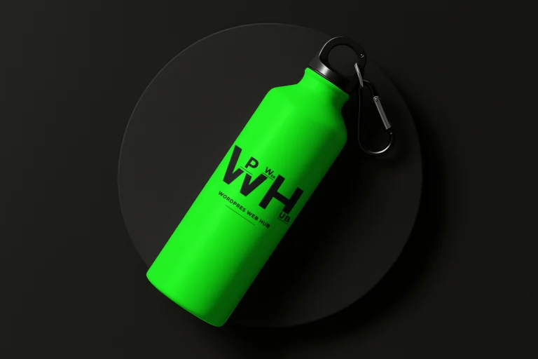 Green sports water bottle with a black logo, black cap, and metal carabiner on a dark background
