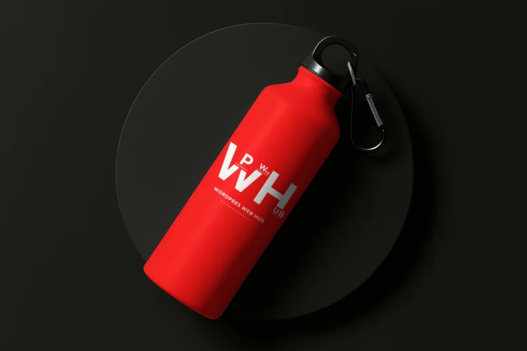Red sports water bottle with a white logo, black cap, and metal carabiner on a dark background