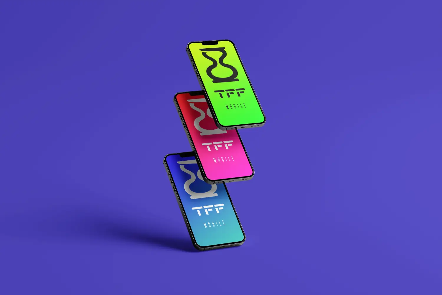 Three stacked floating smartphones with colorful screens on a purple background