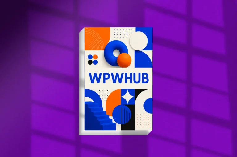 Floating geometric poster mockup on a purple textured background