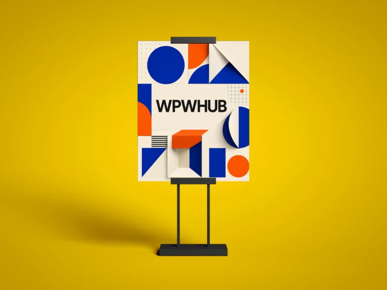Advertising stand board mockup displaying a geometric poster on a yellow background