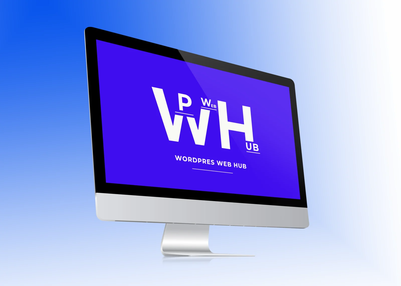 Blue iMac screen mockup displaying a white logo