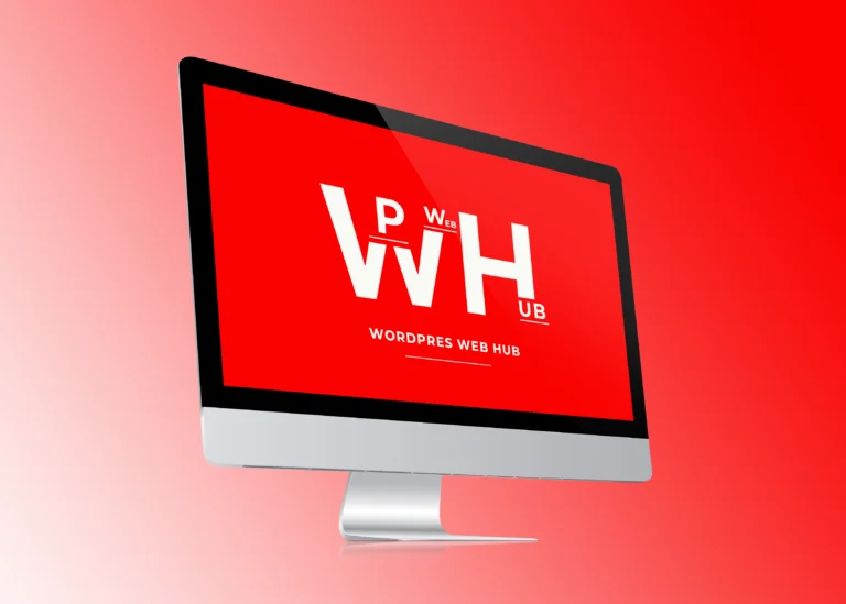 Red iMac screen mockup displaying a white logo