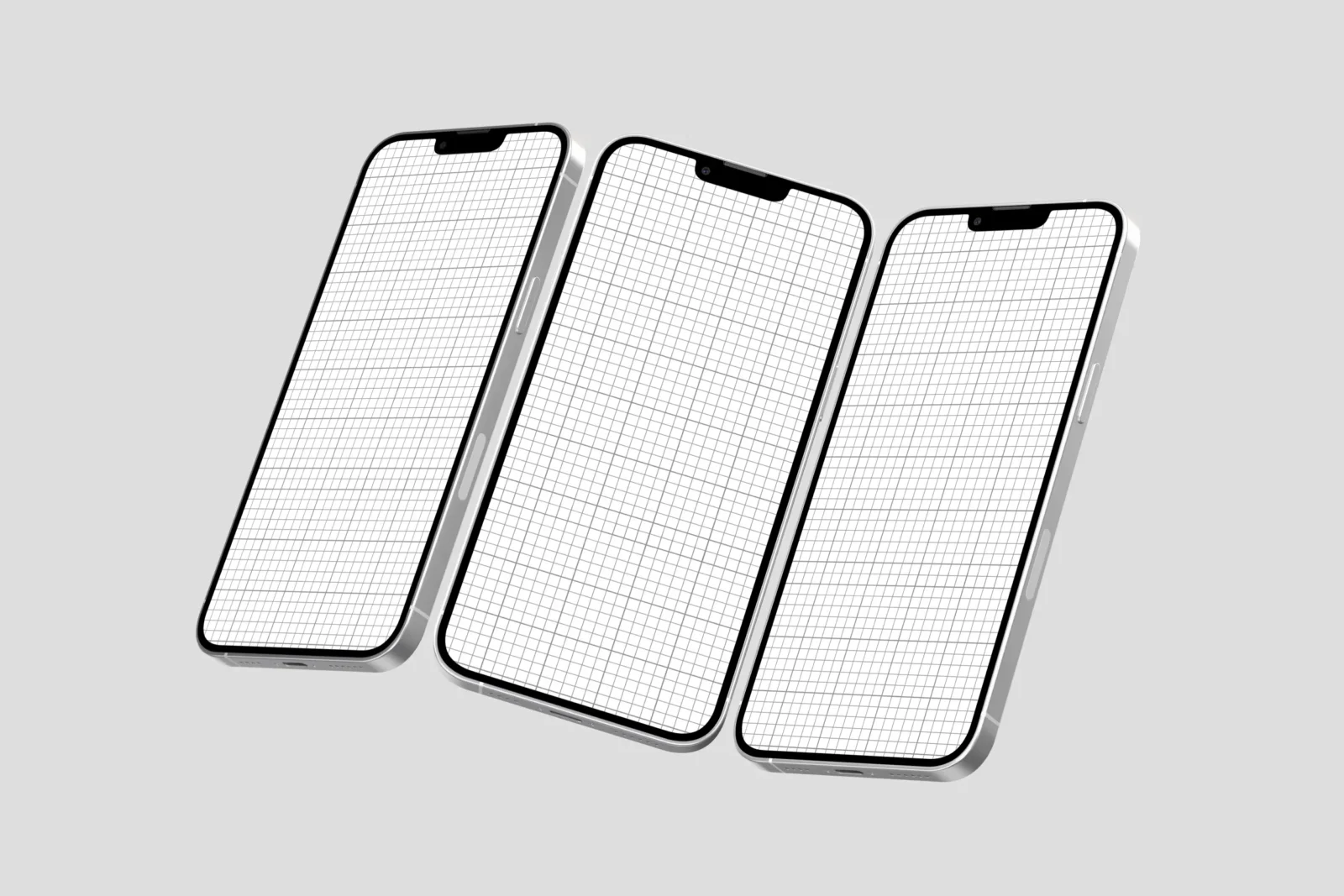 Three angled smartphones with blank grid screens on a light gray background