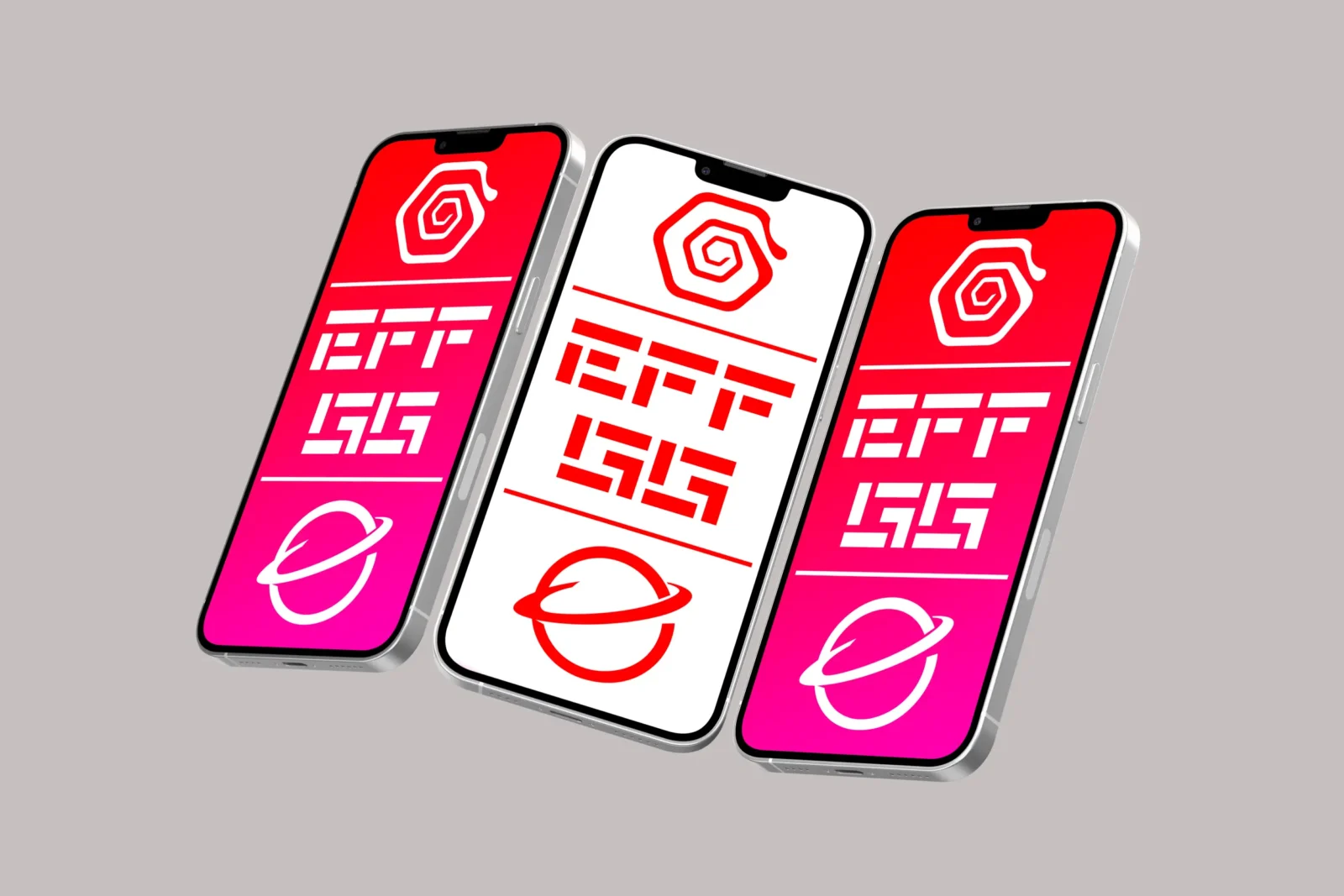 Three angled smartphones displaying red and pink app designs on a light gray background