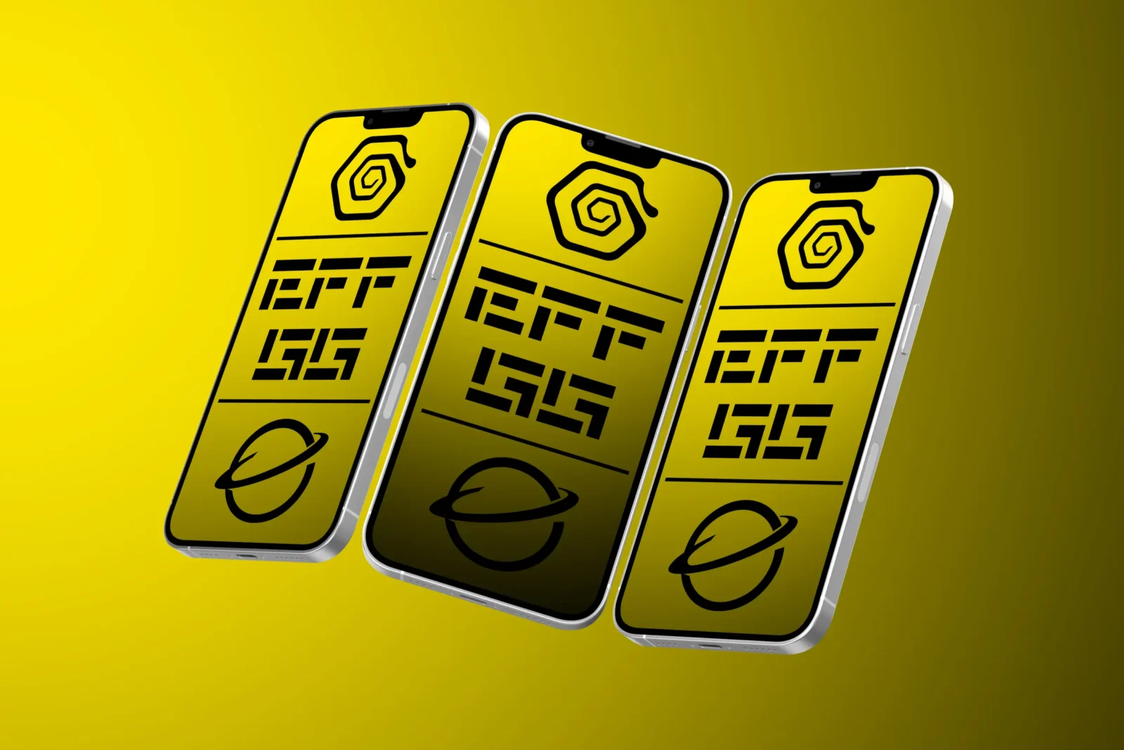 Three angled smartphones displaying black app designs on a yellow gradient background