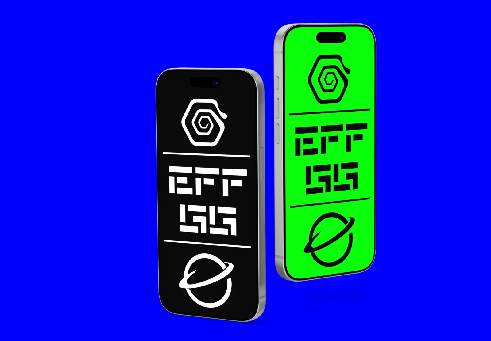 Two floating smartphones with black and green screen designs on a blue background
