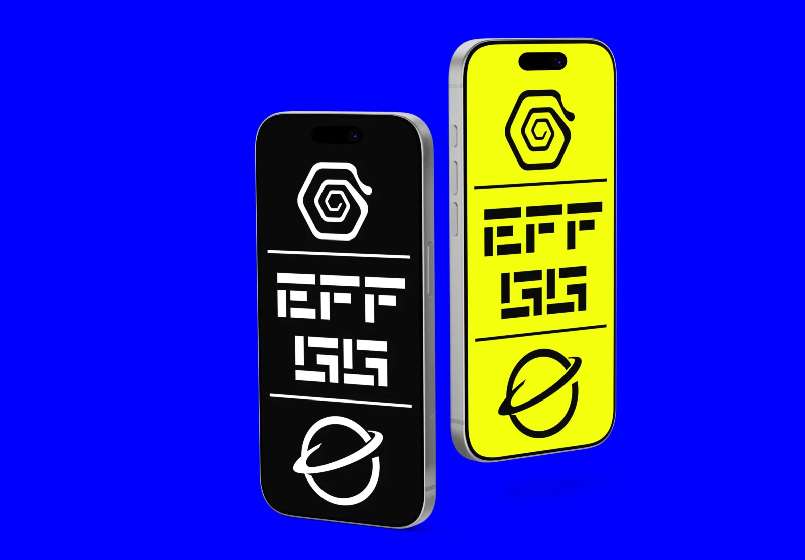 Two floating smartphones with black and yellow screen designs on a blue background