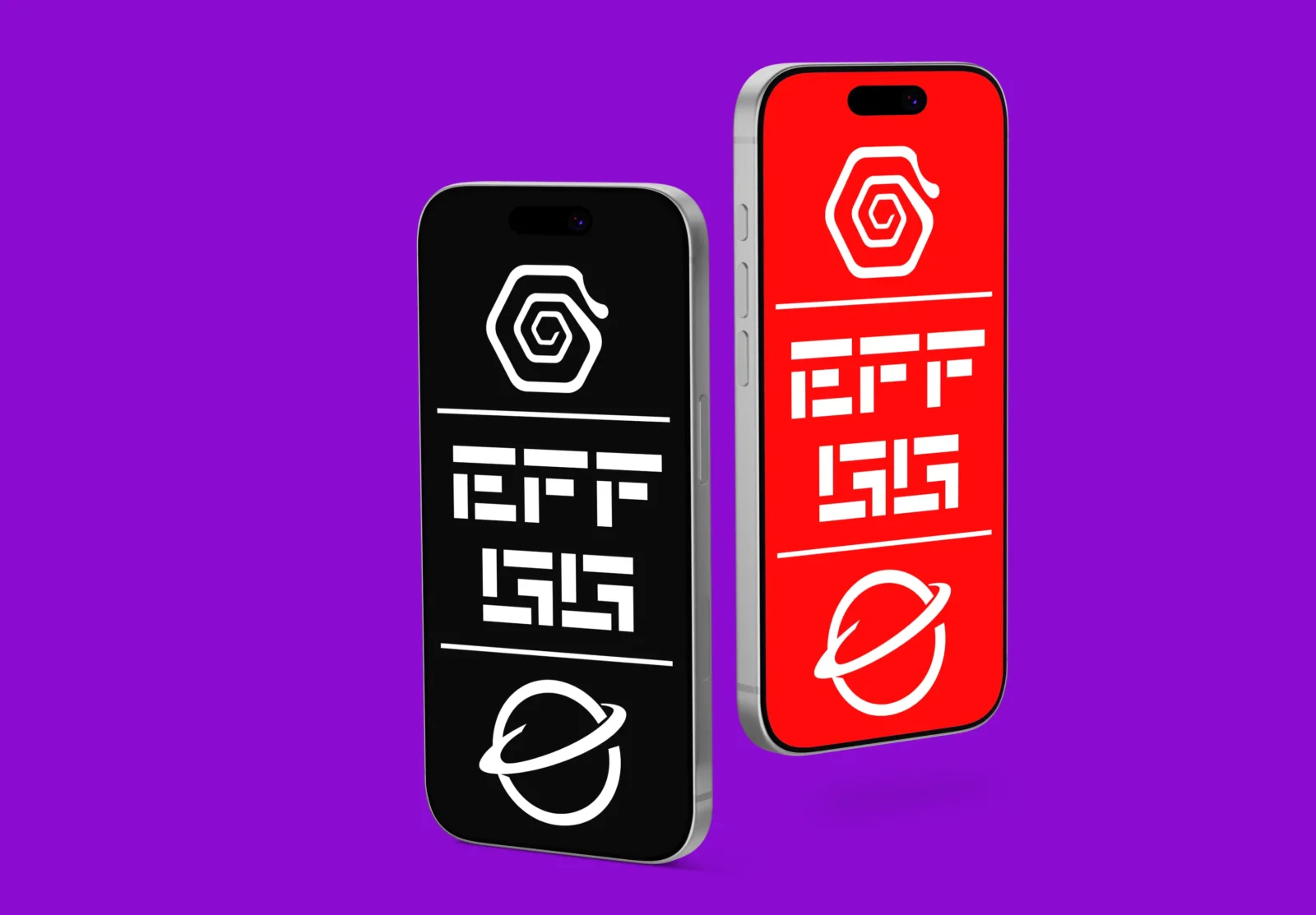 Two floating smartphones with black and red screen designs on a purple background