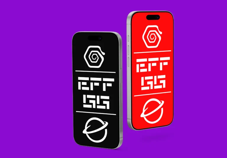 Two floating smartphones with black and red screen designs on a purple background